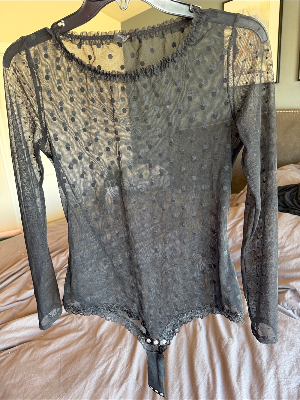 intimissimi Black Sheer Polka Dot Long Sleeve Mesh Bodysuit
